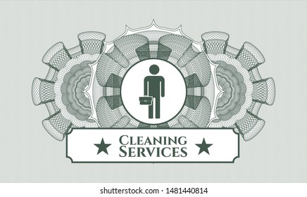 Green rosette. Linear Illustration. with businessman holding briefcase icon and Cleaning Services text inside