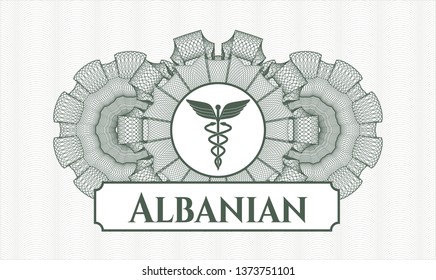 Green rosette. Linear Illustration. with Caduceus medical icon and Albanian text inside