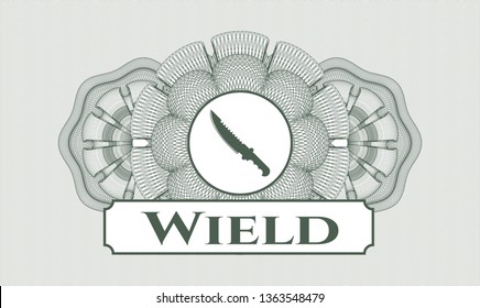 Green rosette. Linear Illustration. with combat knife icon and Wield text inside