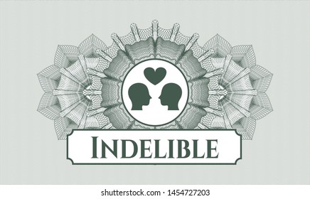 Green rosette. Linear Illustration. with couple in love icon and Indelible text inside