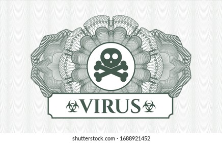 Green rosette. Linear Illustration. with crossbones icon and Virus text inside
