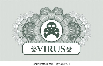 Green rosette. Linear Illustration. with crossbones icon and Virus text inside