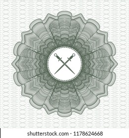 Green rosette. Linear Illustration with crossed swords icon inside