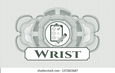 Green rosette. Linear Illustration. with customer feedback icon and Wrist text inside
