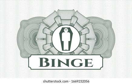 Green rosette. Linear Illustration. with dead man in his coffin icon and Binge text inside