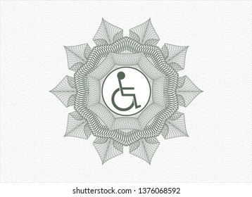 Green rosette. Linear Illustration with disabled (wheelchair) icon inside