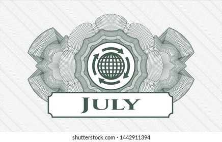Green rosette. Linear Illustration. with globalization icon and July text inside