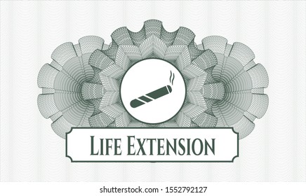 Green rosette. Linear Illustration. with joint, cigarette icon and Life Extension text inside