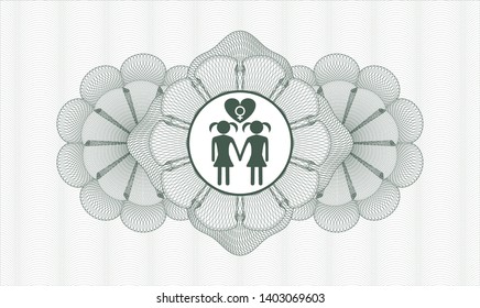 Green rosette. Linear Illustration. with lesbian love icon inside