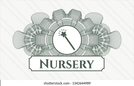 Green rosette. Linear Illustration. with magic stick icon and Nursery text inside