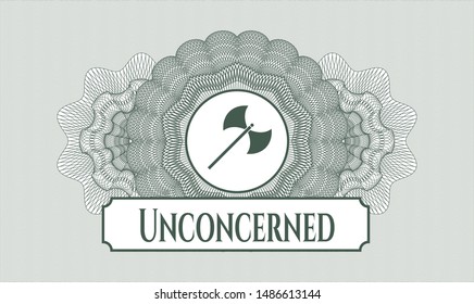 Green rosette. Linear Illustration. with medieval axe icon and Unconcerned text inside