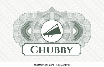 Green rosette. Linear Illustration. with megaphone icon and Chubby text inside