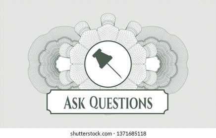 Green rosette. Linear Illustration. with paper pin icon and Ask Questions text inside