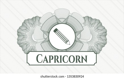 Green rosette. Linear Illustration. with pencil icon and Capricorn text inside