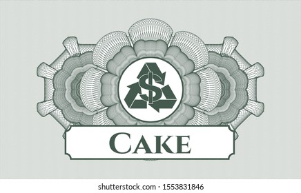 Green rosette. Linear Illustration. with recycling business icon and Cake text inside