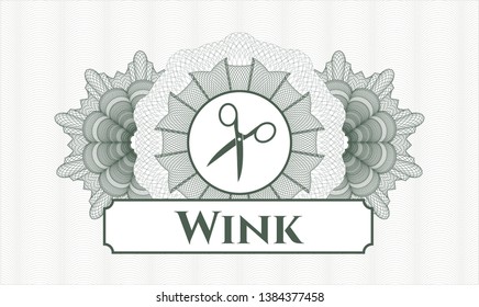 Green rosette. Linear Illustration. with scissors icon and Wink text inside