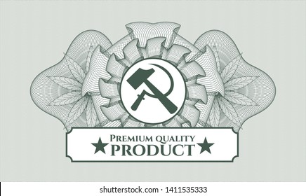 Green rosette. Linear Illustration. with sickle and hammer icon and Premium Quality Product text inside