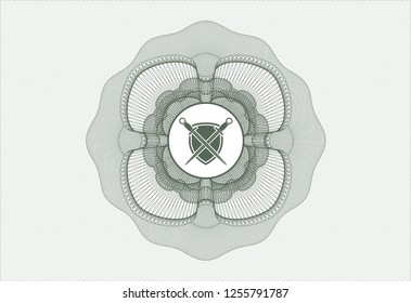Green rosette. Linear Illustration with swords crossed with shield icon inside