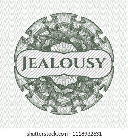 Green rosette. Linear Illustration with text Jealousy inside