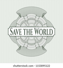 Green rosette. Linear Illustration with text Save the World inside