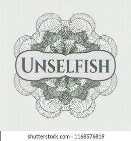 Green rosette. Linear Illustration with text Unselfish inside