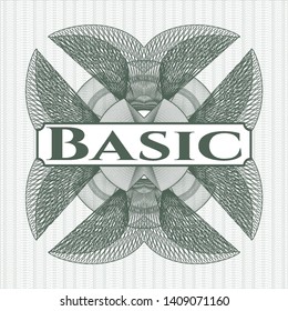 Green rosette. Linear Illustration with text Basic inside