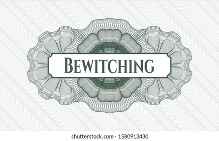 Green rosette. Linear Illustration. with text Bewitching inside
