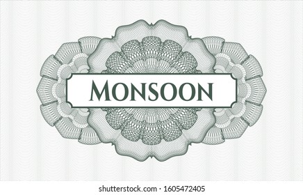 Green rosette. Linear Illustration. with text Monsoon inside