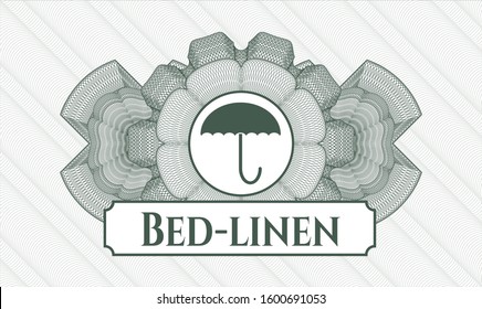 Green rosette. Linear Illustration. with umbrella icon and Bed-linen text inside