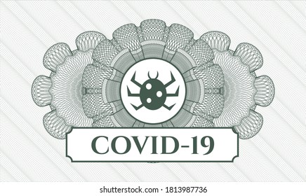 Green rosette. Linear Illustration. Vector. Detailed with bug icon and COVID-19 text inside