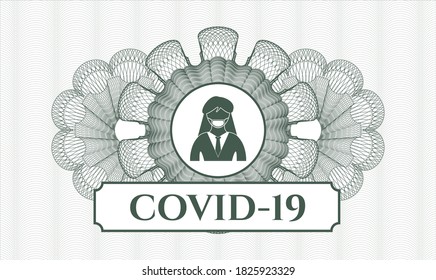 Green rosette. Linear Illustration. Vector. Detailed with woman wearing face mask icon and COVID-19 text inside
