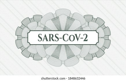 Green rosette. Linear Illustration. Vector. Detailed with text SARS-CoV-2 inside