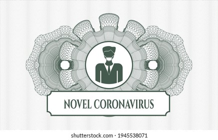 Green rosette. Linear Illustration. Vector. Detailed with man wearing face mask icon and Novel Coronavirus text inside