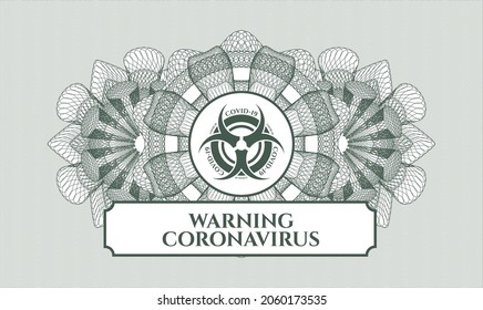 Green rosette. Linear Illustration. Vector. Detailed with biohazard covid-19 icon and Warning Coronavirus text inside