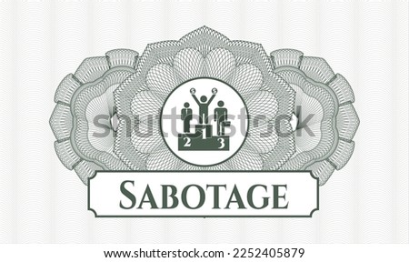 Green rosette. Linear Illustration. Vector. Detailed with business competition, podium icon and Sabotage text inside