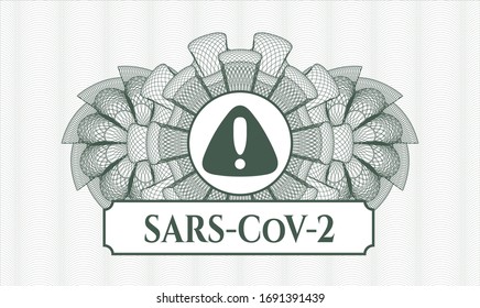 Rosette verde. Ilustración lineal. con icono de advertencia y texto SARS-CoV-2 dentro