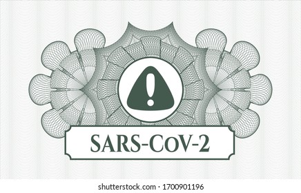 Green rosette. Linear Illustration. with warning icon and SARS-CoV-2 text inside