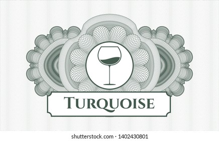 Green rosette. Linear Illustration. with wine cup icon and Turquoise text inside