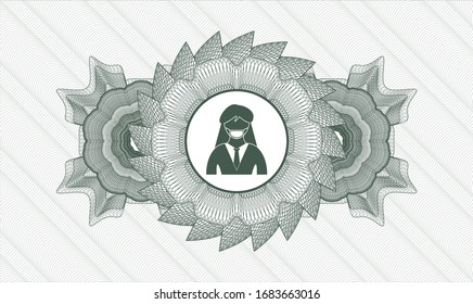 Green rosette. Linear Illustration. with woman wearing face mask icon inside