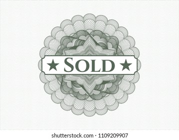 Green rosette or money style emblem with text Sold inside