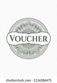 Green rosette or money style emblem with text Voucher inside