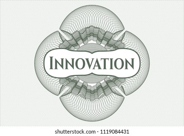 Green rosette or money style emblem with text Innovation inside