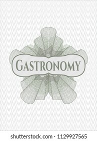 Green rosette (money style emblem) with text Gastronomy inside