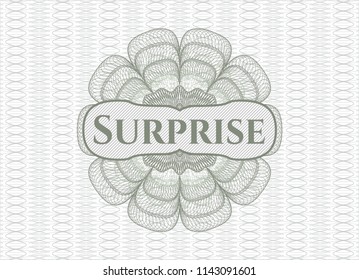 Green rosette or money style emblem with text Surprise inside