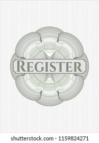 Green rosette (money style emblem) with text Register inside