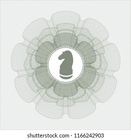 Green rosette or money style emblem with chess knight icon inside