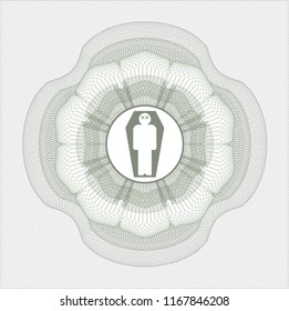 Green rosette or money style emblem with dead man in his coffin icon inside
