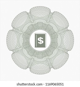 Green rosette (money style emblem) with book with money symbol inside icon inside