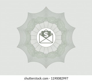 Green rosette or money style emblem with envelope with paper with money symbol inside icon inside