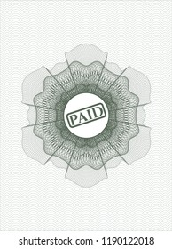 Green rosette or money style emblem with paid icon inside